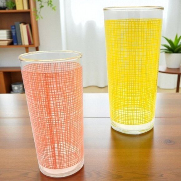 Vintage Federal Glass Basket Weave Burlap Gold Gild Tom Collins Glasses - Picture 1 of 8